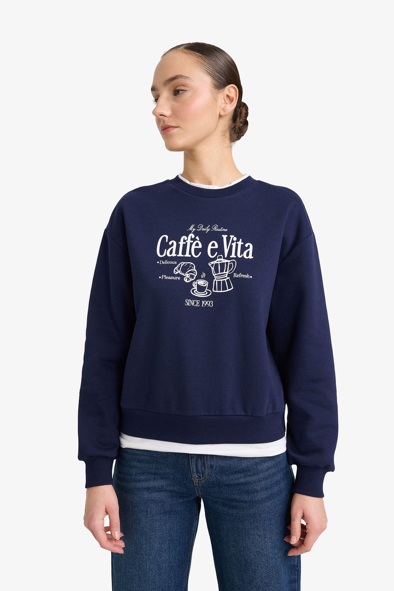 DeFacto Blue Woman Relax Fit Printed Polo Neck Thick Sweatshirt Casual - Image 3